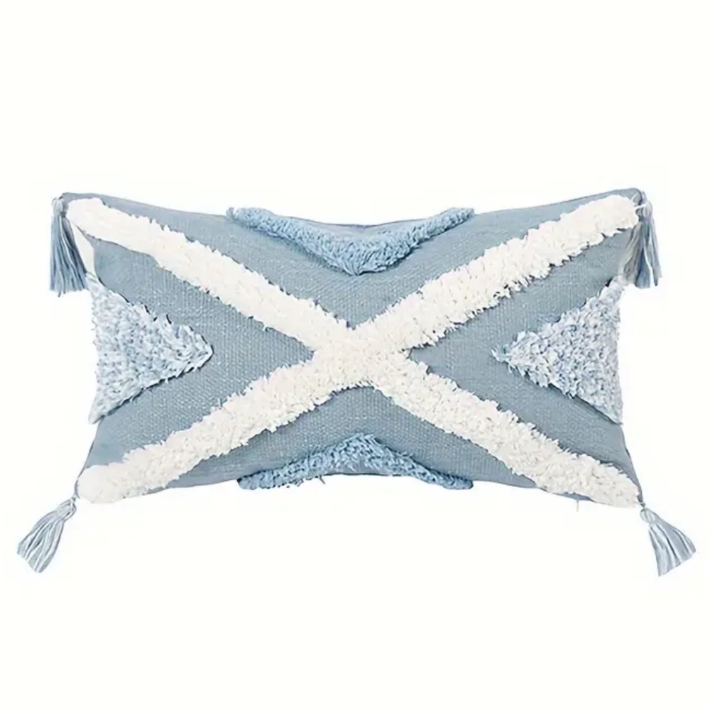 Blue and White Decorative Pillow Cover with Tassels | 12” x 20”